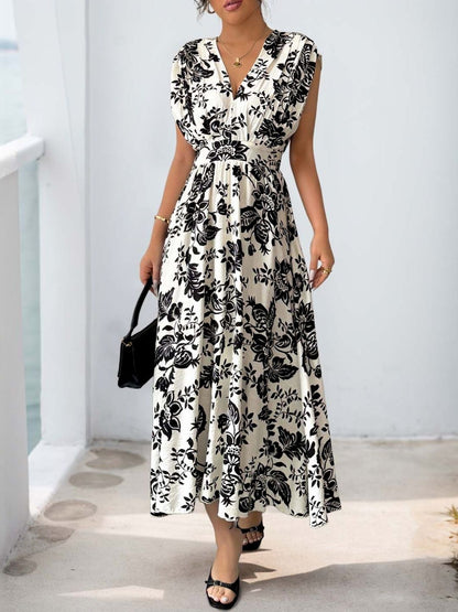 Floral Print Fit & Flare Midi Dress in White - Nowi Korean Fashion