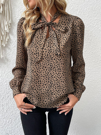 Women's Brown Animal Print Tie-Up Neck Top