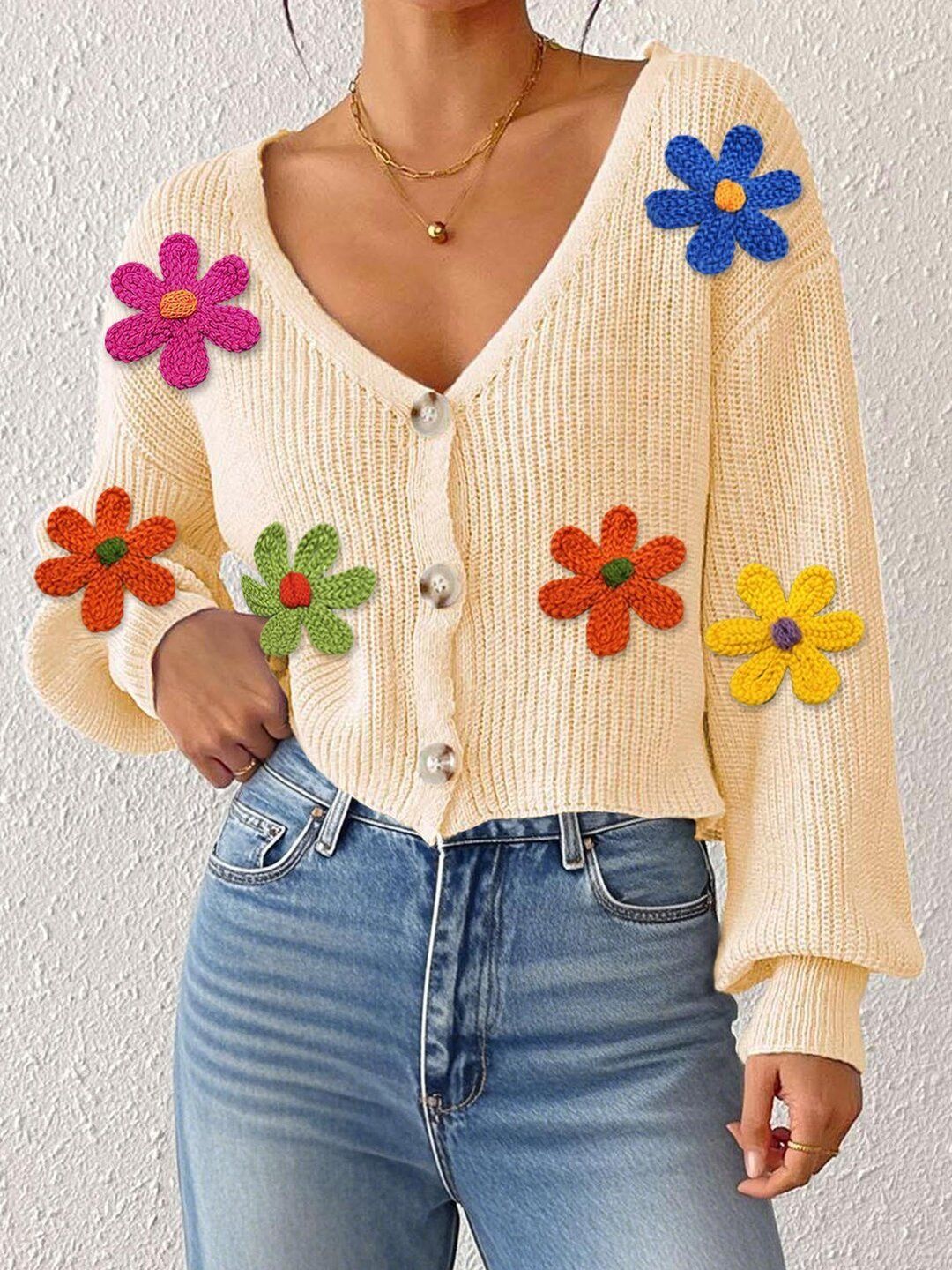 Women Ribbed Crop Cardigan with Applique Detail