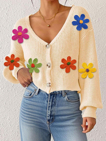 Women Ribbed Crop Cardigan with Applique Detail