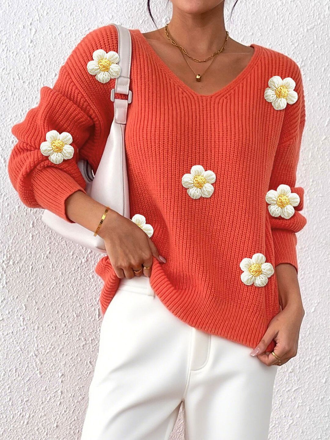 Women Ribbed Pullover with Embroidered Detail