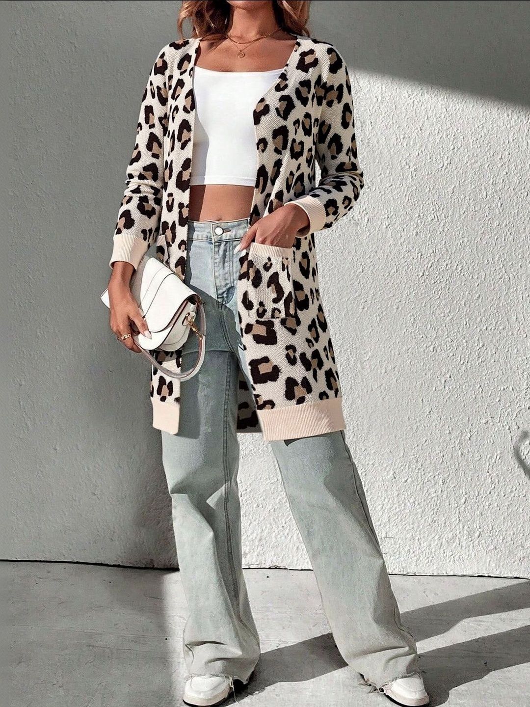 Leopard Printed Open Front Long Cardigan in Brown polyester - Nowi Korean Fashion