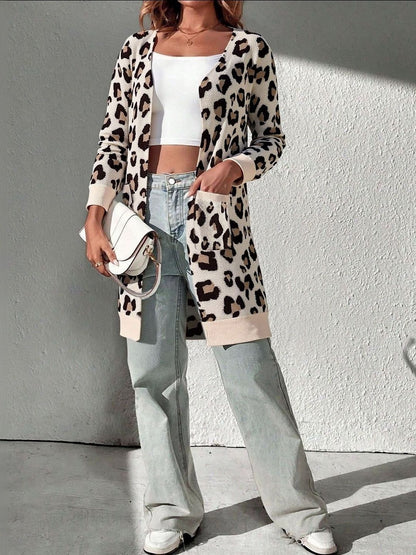 Leopard Printed Open Front Long Cardigan in Brown polyester - Nowi Korean Fashion