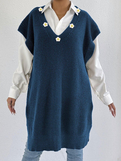 Women Ribbed Longline Sweater Vest with Applique Detail
