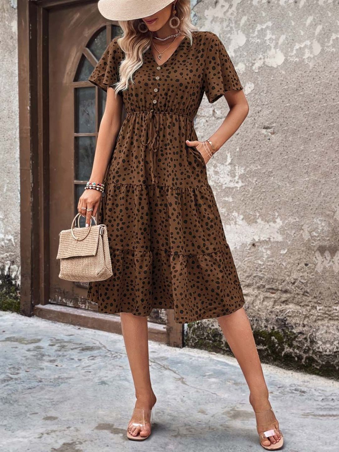 NOWI Polka Dot Printed Flared Sleeve A-Line Midi Dress