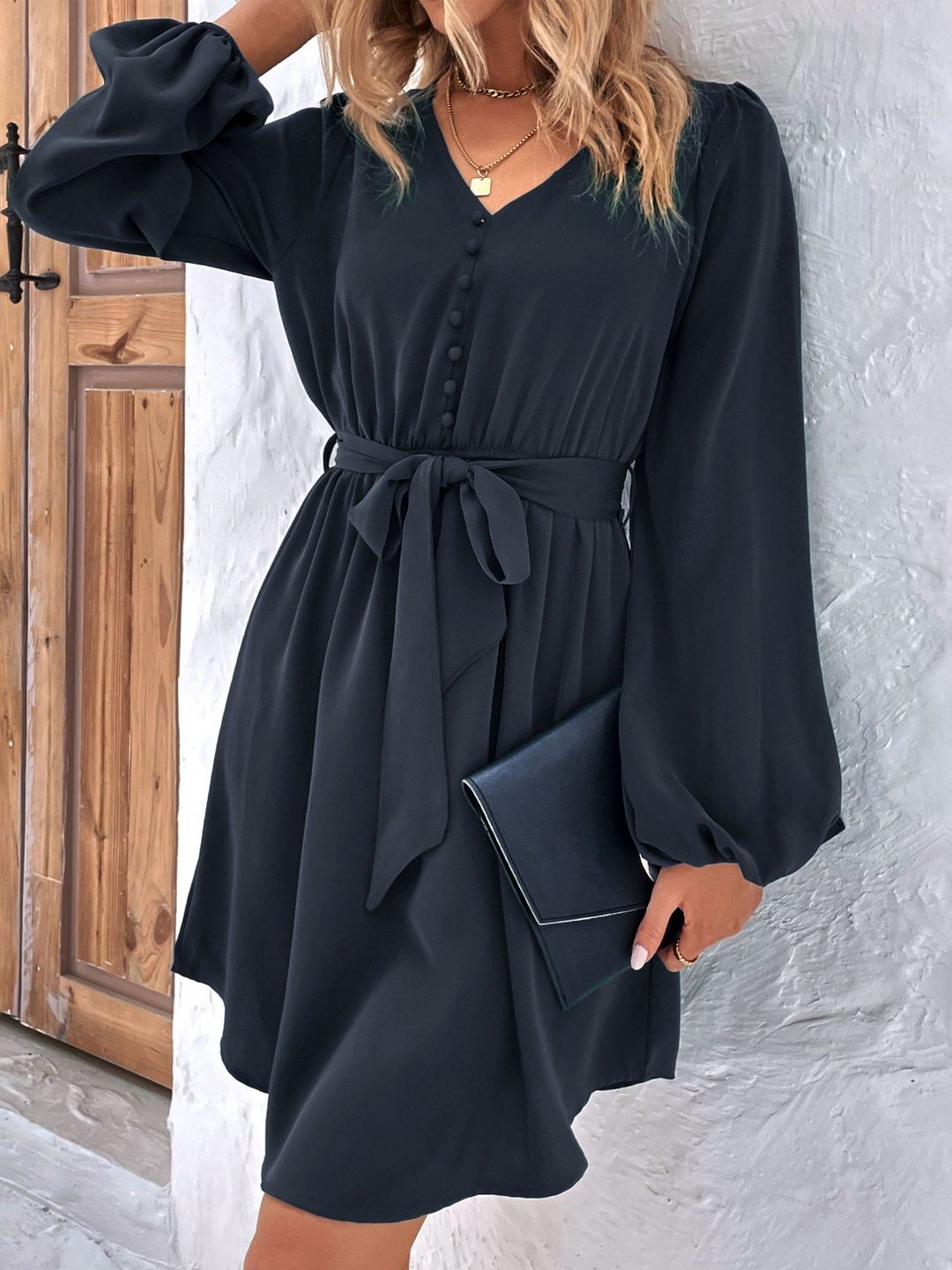 Women's Black Puff Sleeve Fit & Flare Dress Blend Printed