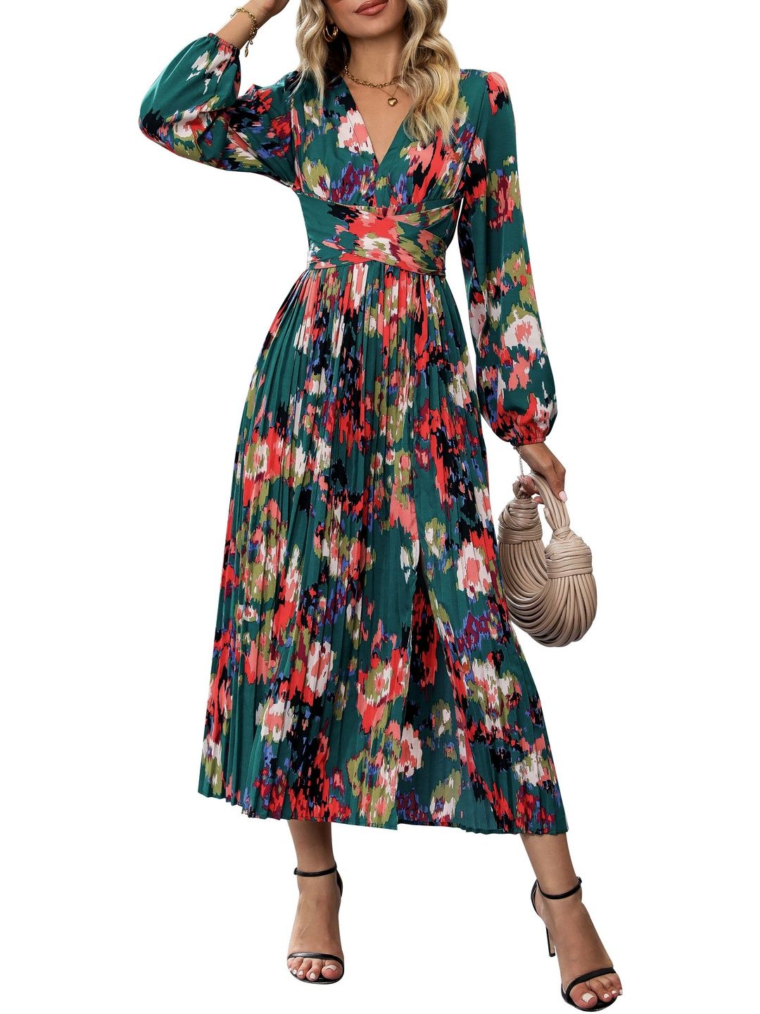 Nowi Floral Midi Dress with Pleated Skirt - Nowi Korean Fashion