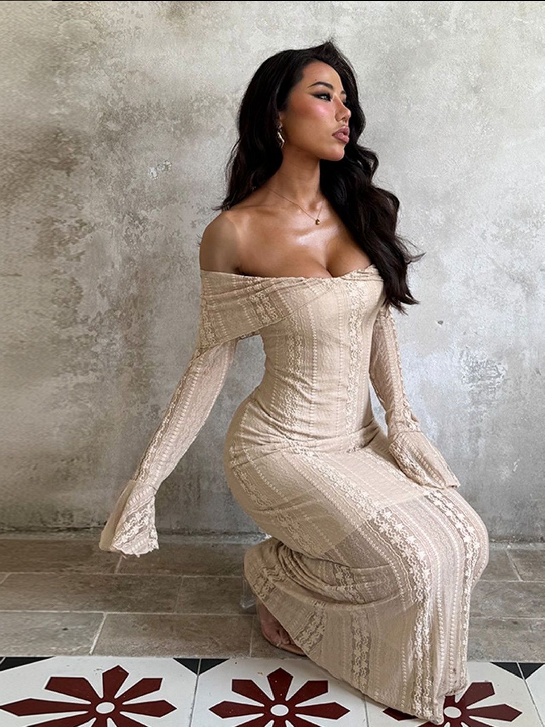 NOWI Off-Shoulder Flared Sleeve Ruffled Sheath Maxi Dress