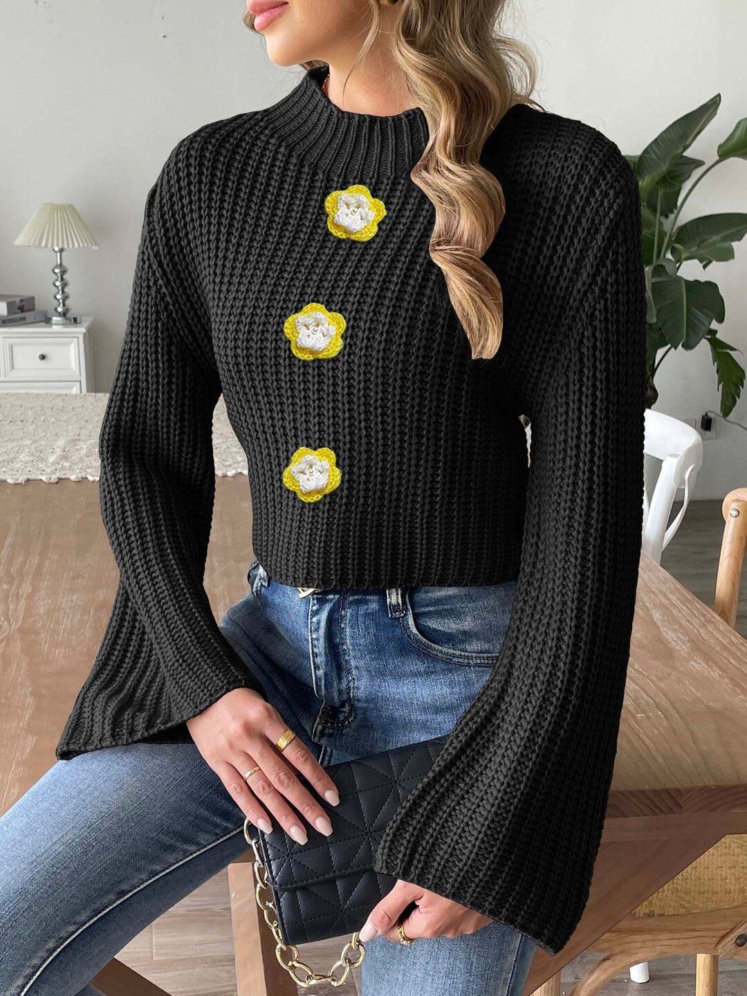 Women Ribbed Crop Pullover with Applique Detail