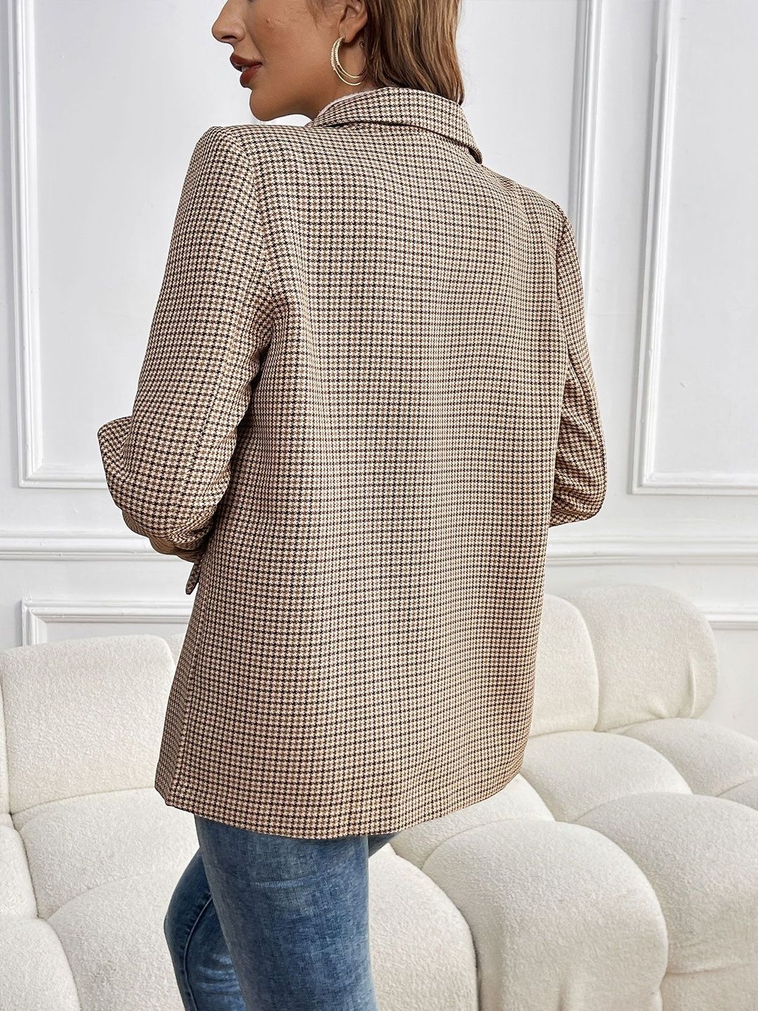 Women's Beige Checked Comfort Fit Double-Breasted Blazer