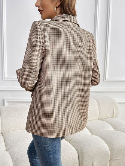 Women's Beige Checked Comfort Fit Double-Breasted Blazer