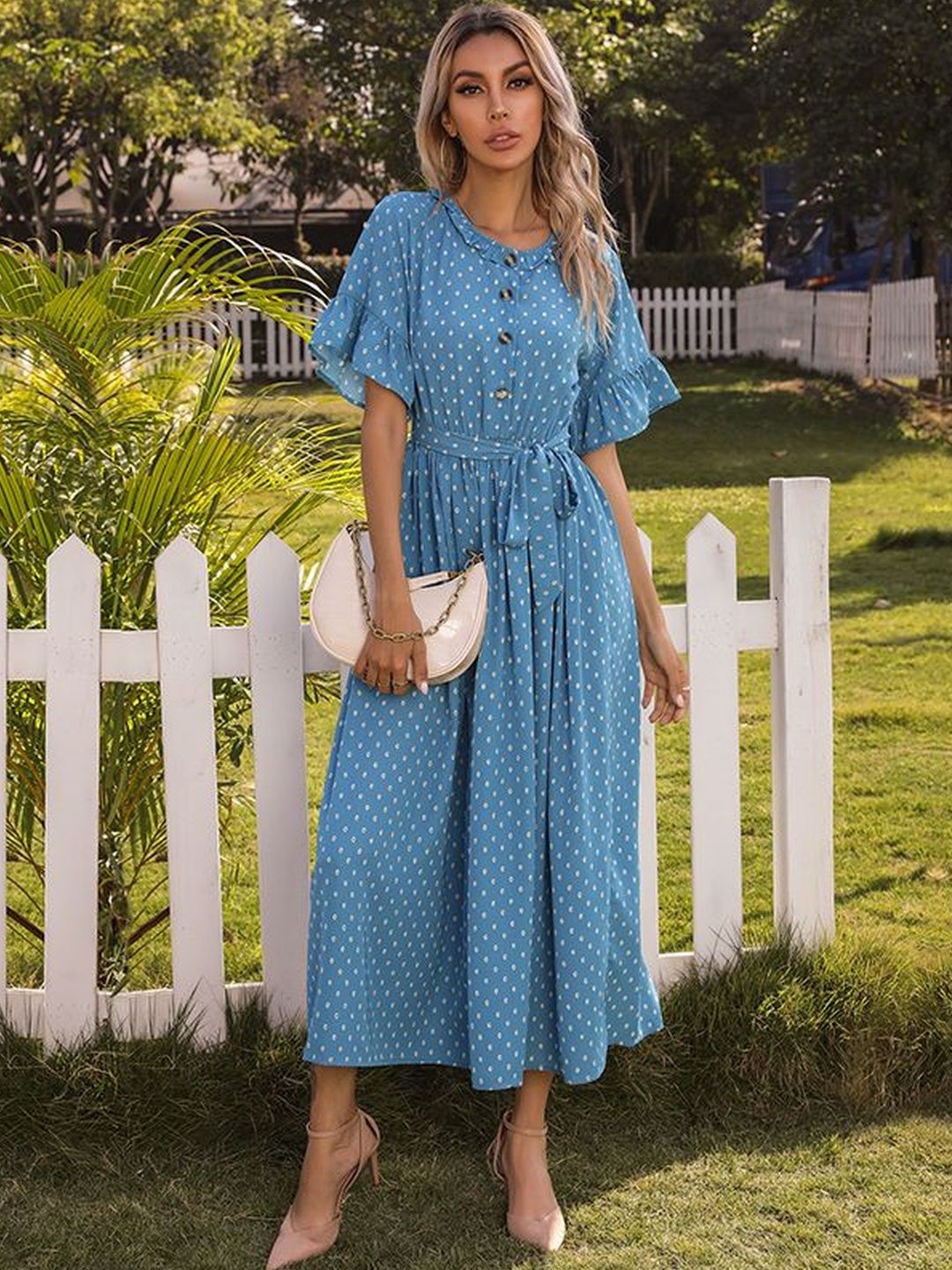 Polka Dot Print Flutter Sleeve Fit & Flare Midi Dress in Blue cotton Printed - Nowi Korean Fashion