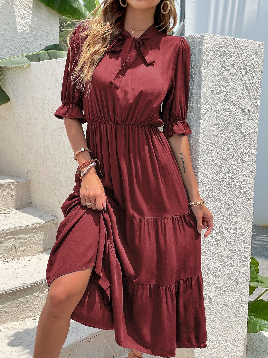 Tie-Up Neck Puff Sleeve Fit & Flare Midi Dress