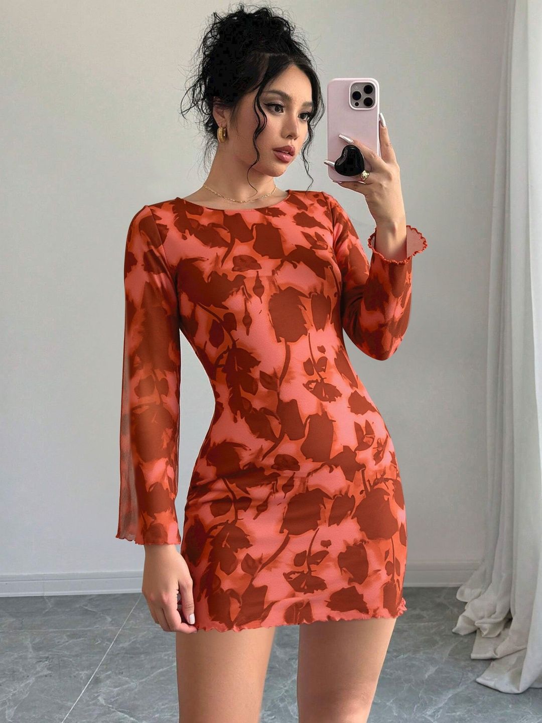 NOWI Floral Print Flared Sleeve Bodycon Mini Dress