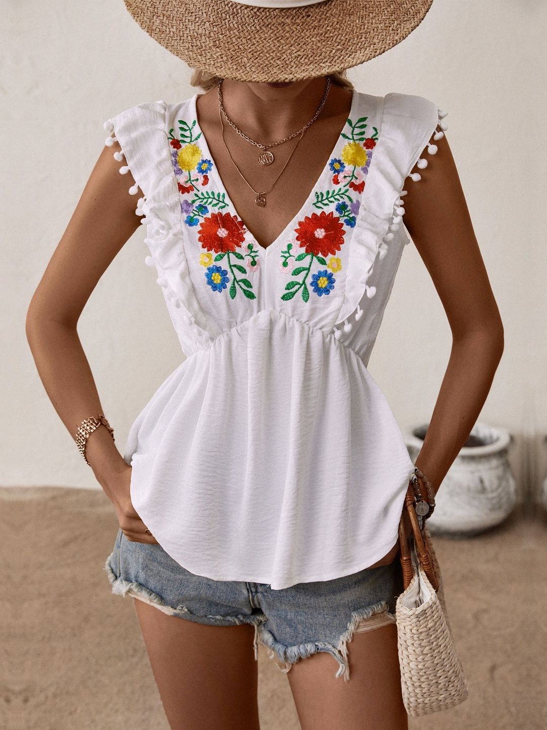 Floral Embroidered Flutter Sleeve Ruffles Ethnic Cotton Peplum Top