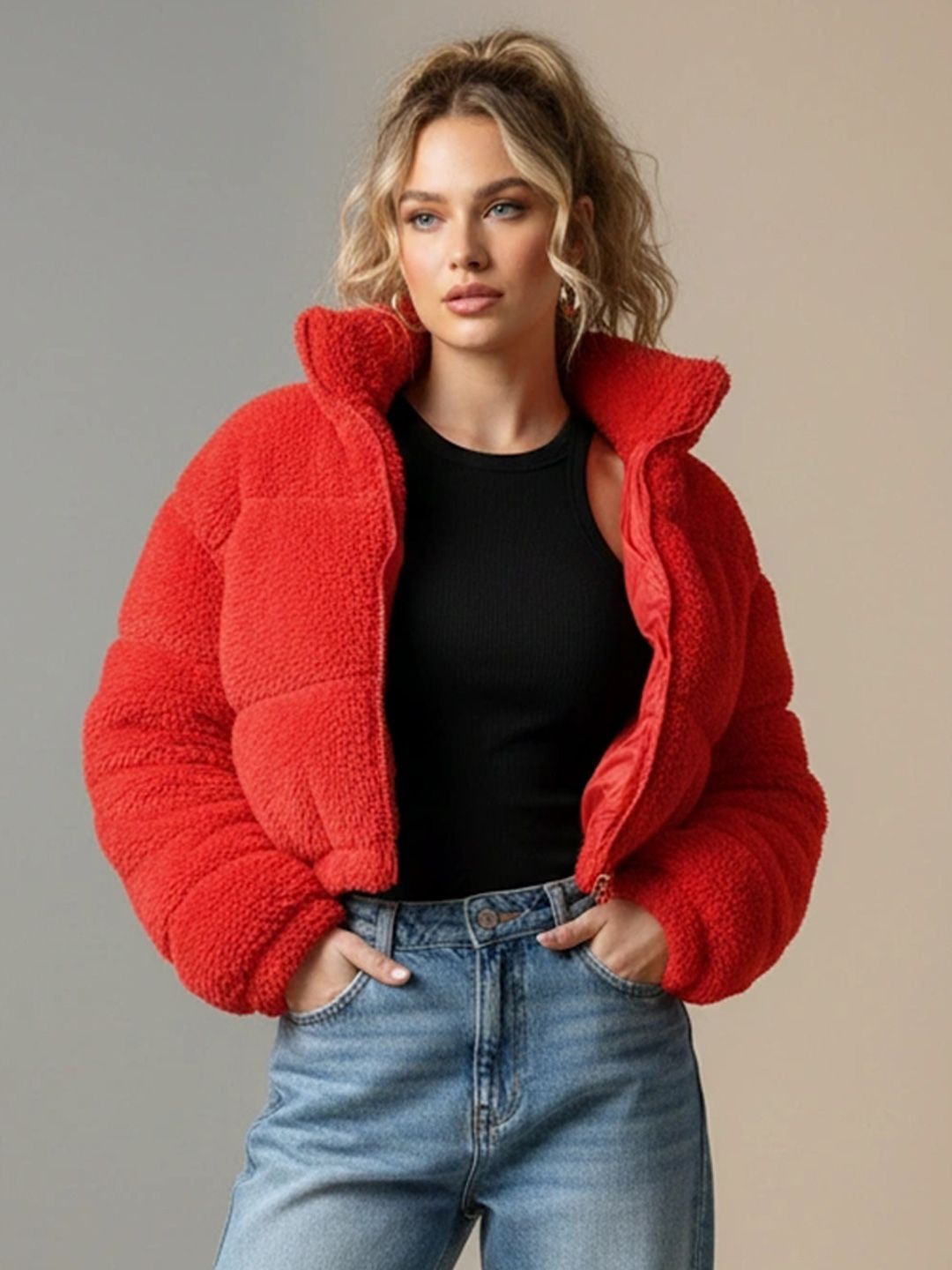 NOWI Women Woollen Crop Puffer Jacket