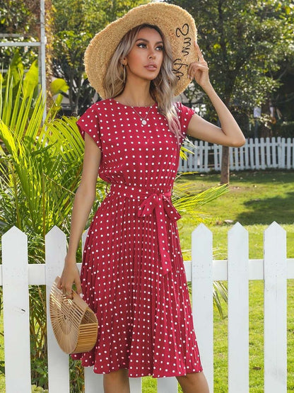 Women's Red Polka Dot Print Fit & Flare Midi Dress