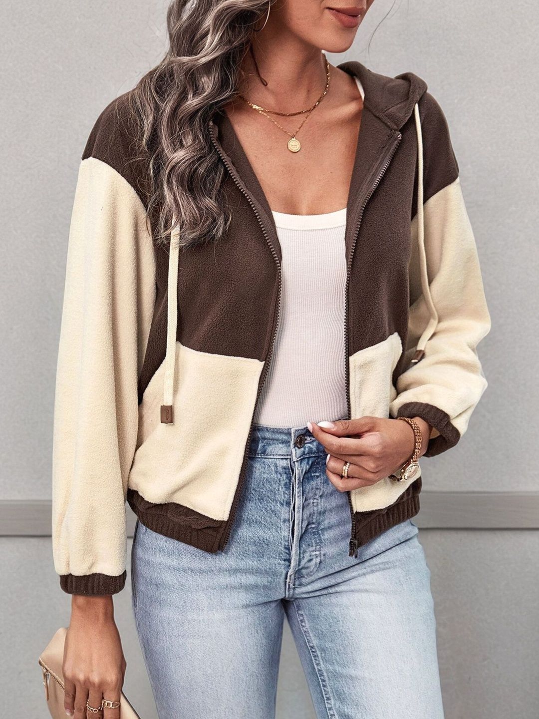 Colourblocked Fleece Bomber Jacket - Nowi Korean Fashion