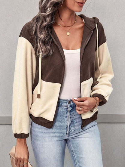 Colourblocked Fleece Bomber Jacket - Nowi Korean Fashion