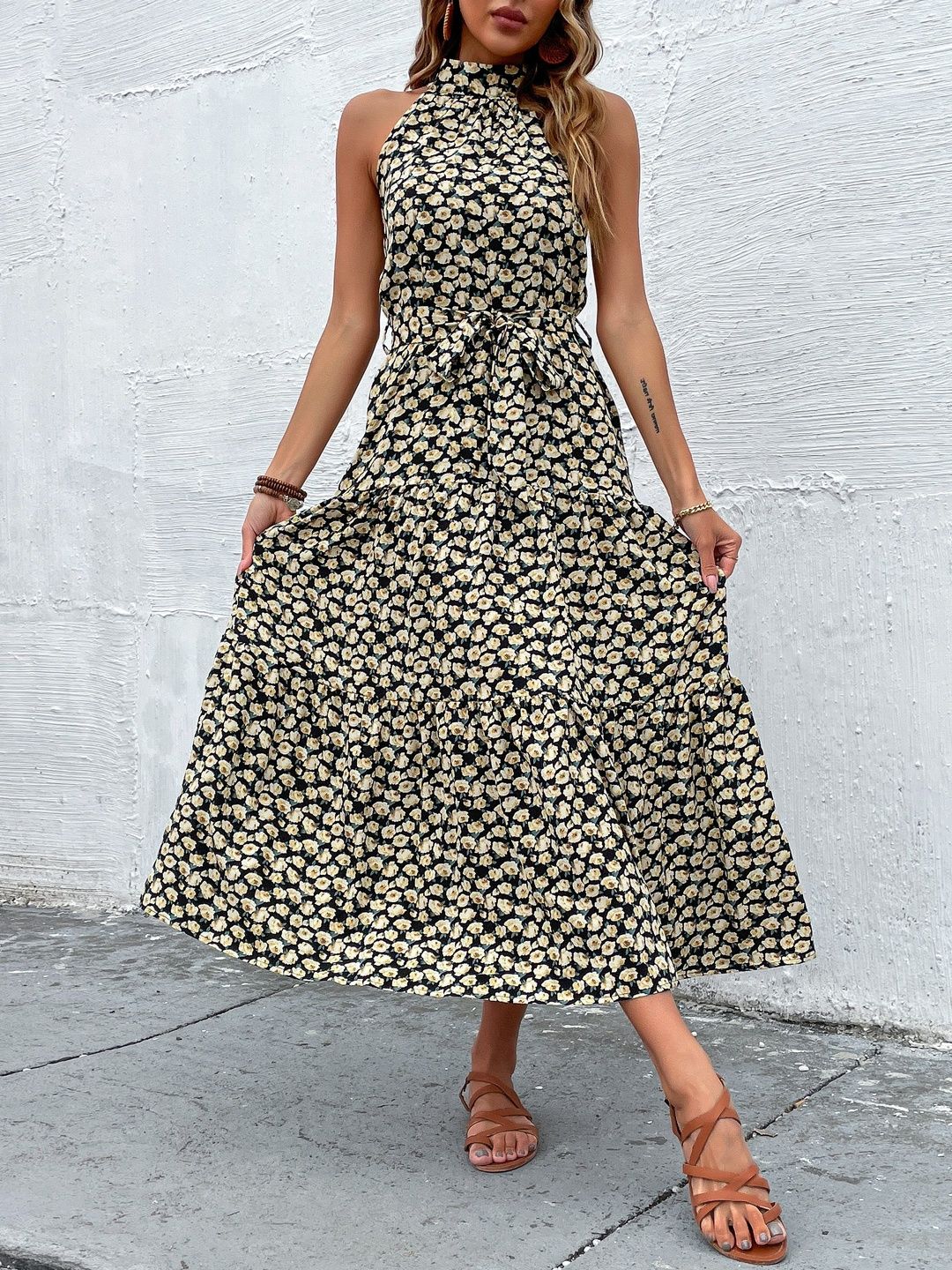 Floral Print Halter Neck A-Line Midi Dress