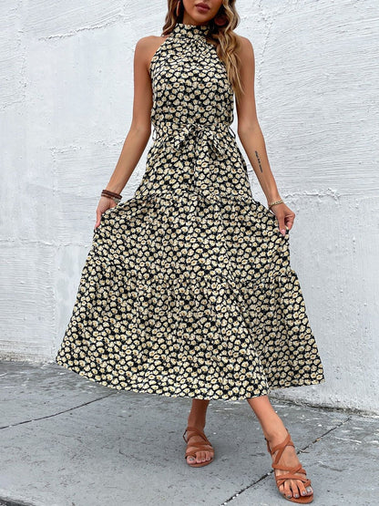 Floral Print Halter Neck A-Line Midi Dress