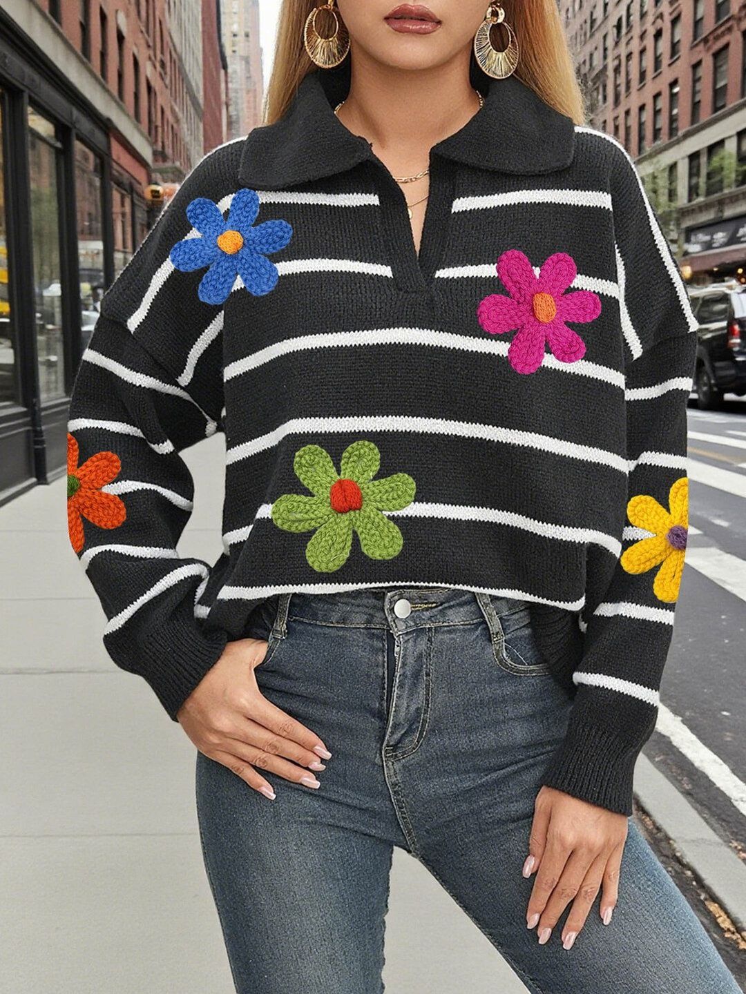 Women Striped Pullover with Embroidered Detail