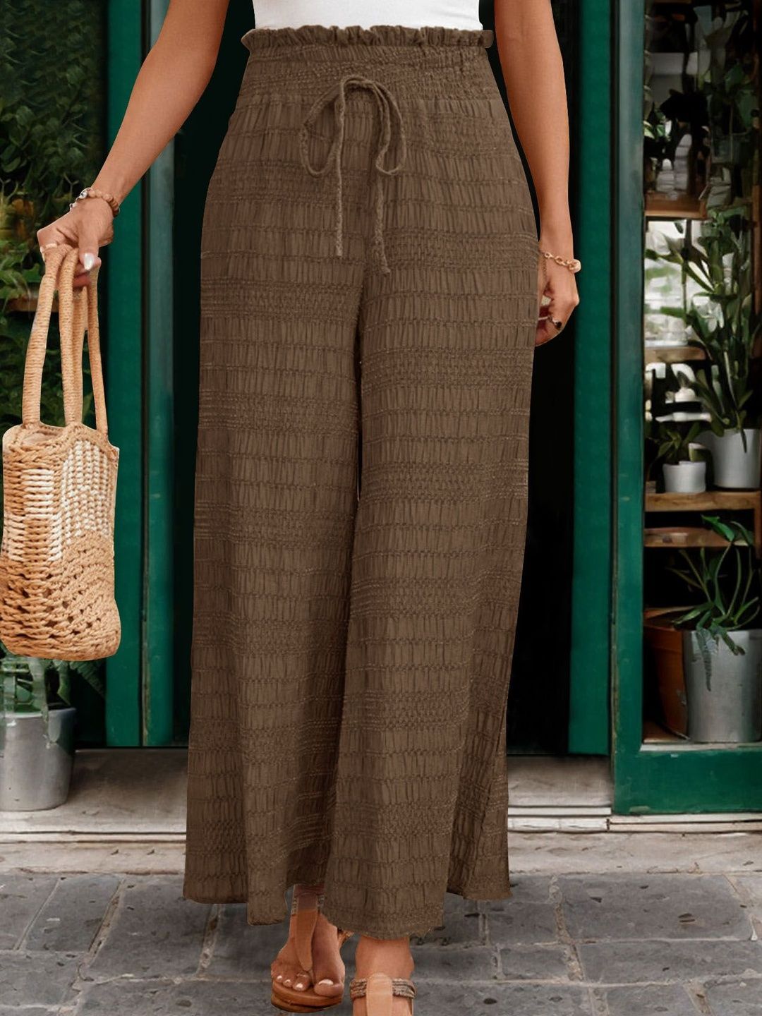 Textured Loose Fit High-Rise Non Iron Trousers in Brown cotton - Nowi Korean Fashion
