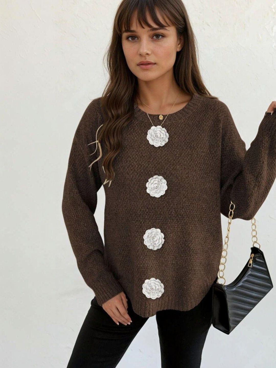 Pullover with Applique Detail in Brown acrylic Long Sleeve - Nowi Korean Fashion