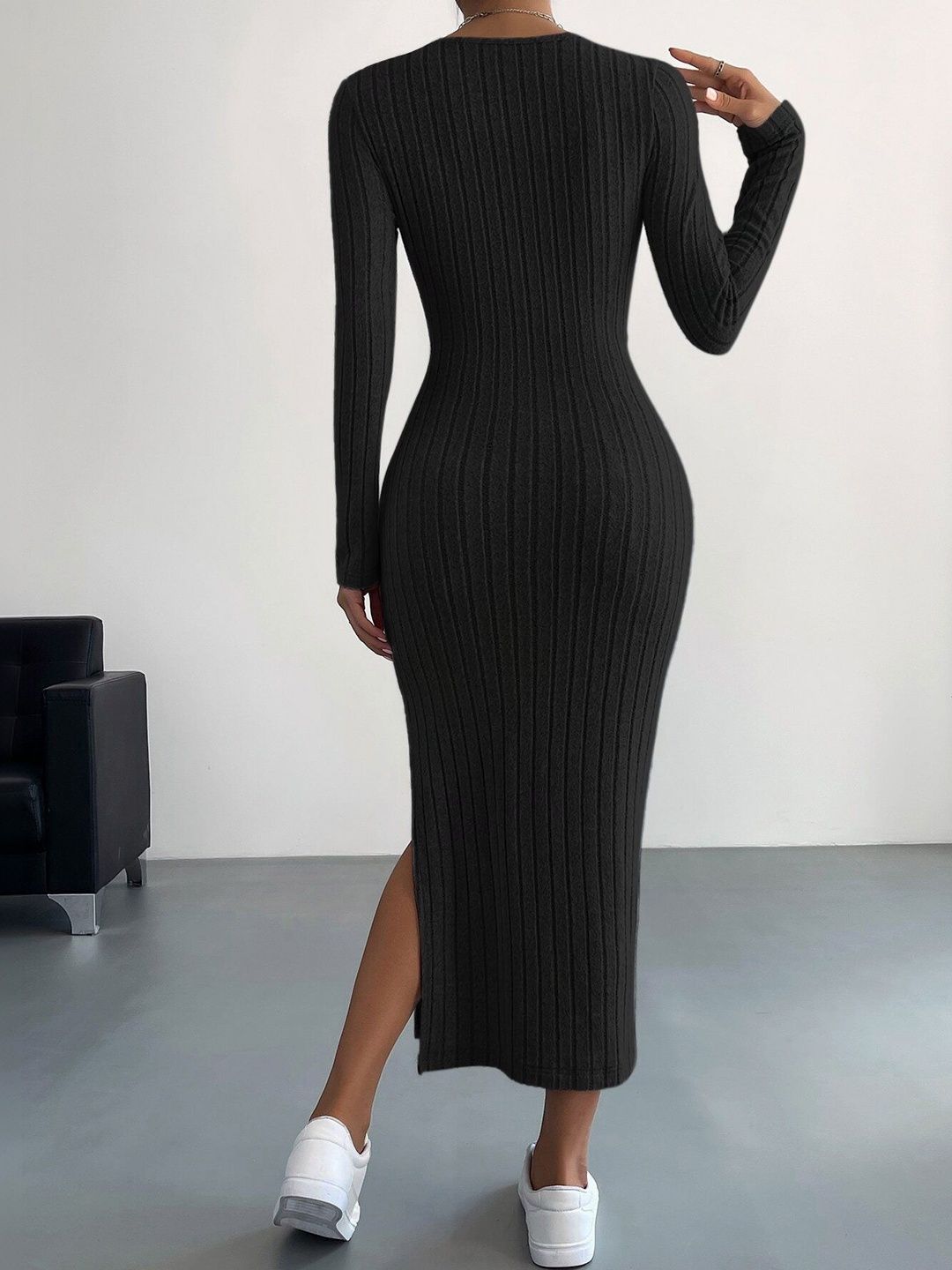 Women's Black Bodycon Midi Dress Blend Printed