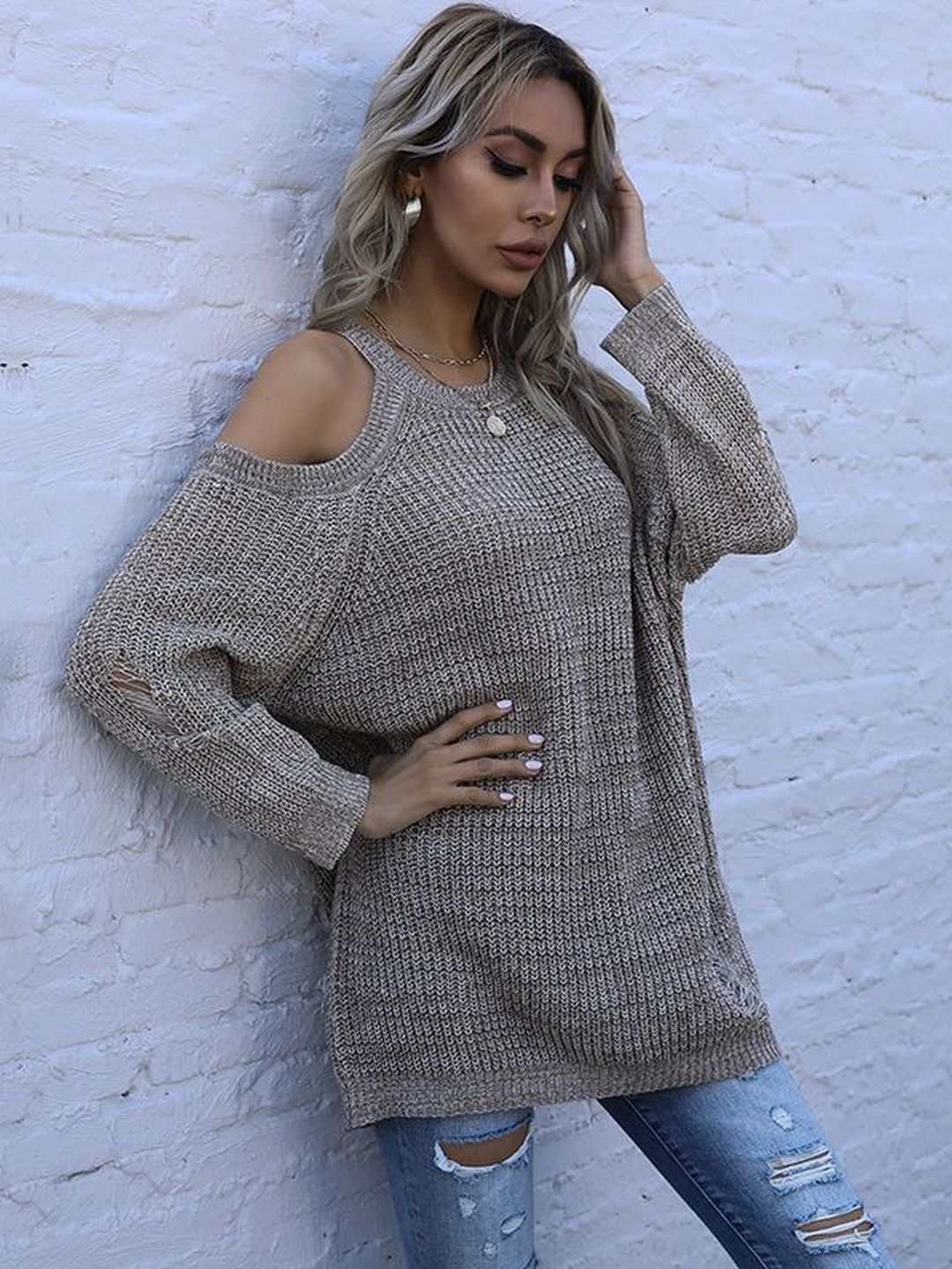 Women's Beige Pullover Blend Printed Regular Fit