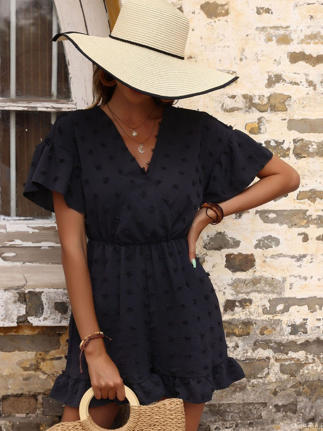 with Ruffles Jumpsuit in Blue cotton Short Sleeve - Nowi Korean Fashion