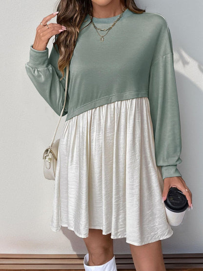 Colourblocked Fit & Flare Mini Dress in Green - Nowi Korean Fashion