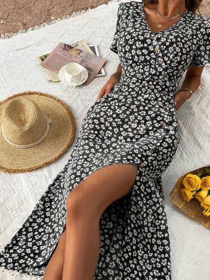 Floral Print Midi Dress in Black cotton Short Sleeve - Nowi Korean Fashion