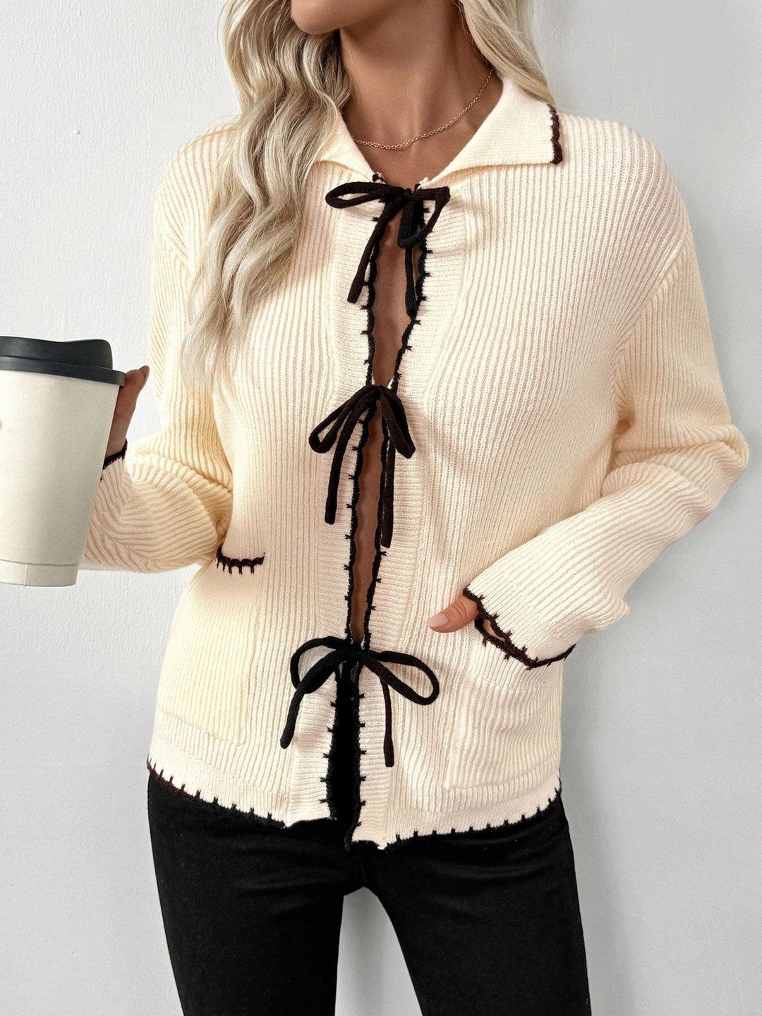 Women's Beige Nowi Women Cardigan Blend Printed Regular Fit