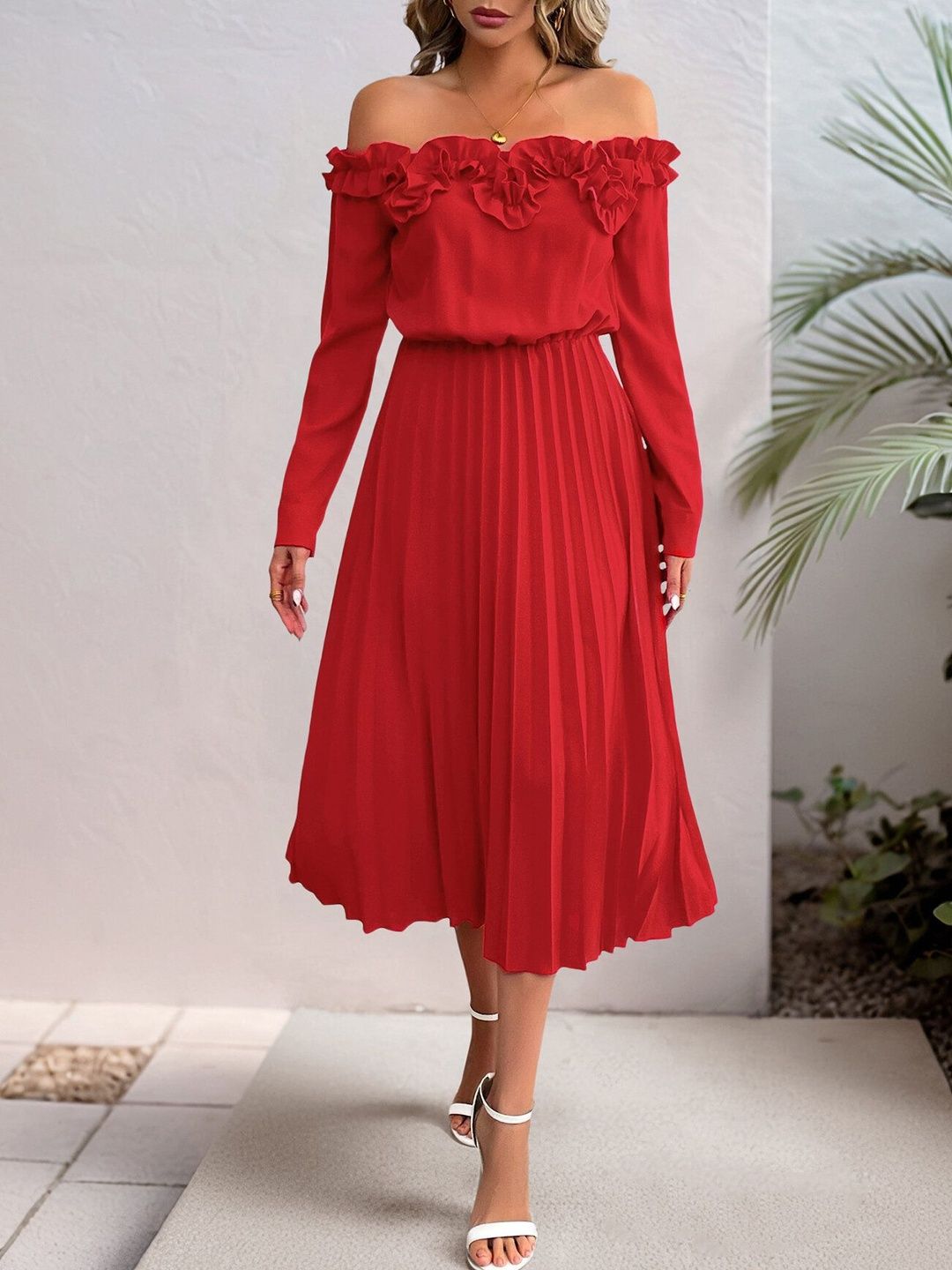 Off-Shoulder Ruffled Fit & Flare Midi Dress in Red - Nowi Korean Fashion