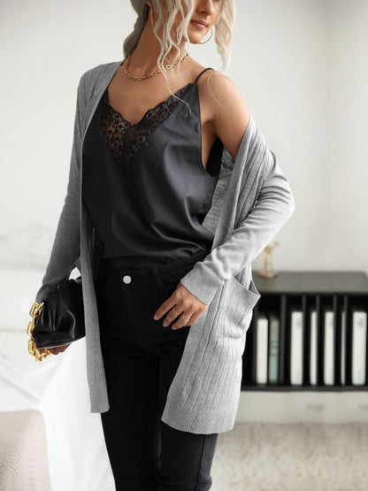 Women's Grey Ribbed Cardigan Blend Printed Regular Fit