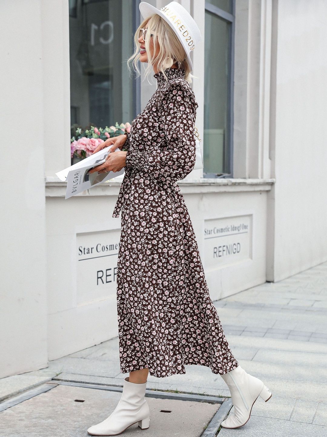 Women's Brown Floral Print Puff Sleeve Ruffled Fit & Flare