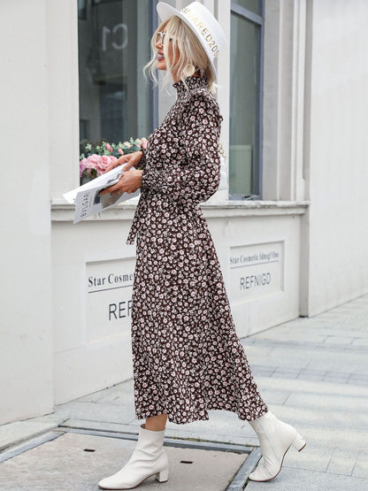 Women's Brown Floral Print Puff Sleeve Ruffled Fit & Flare