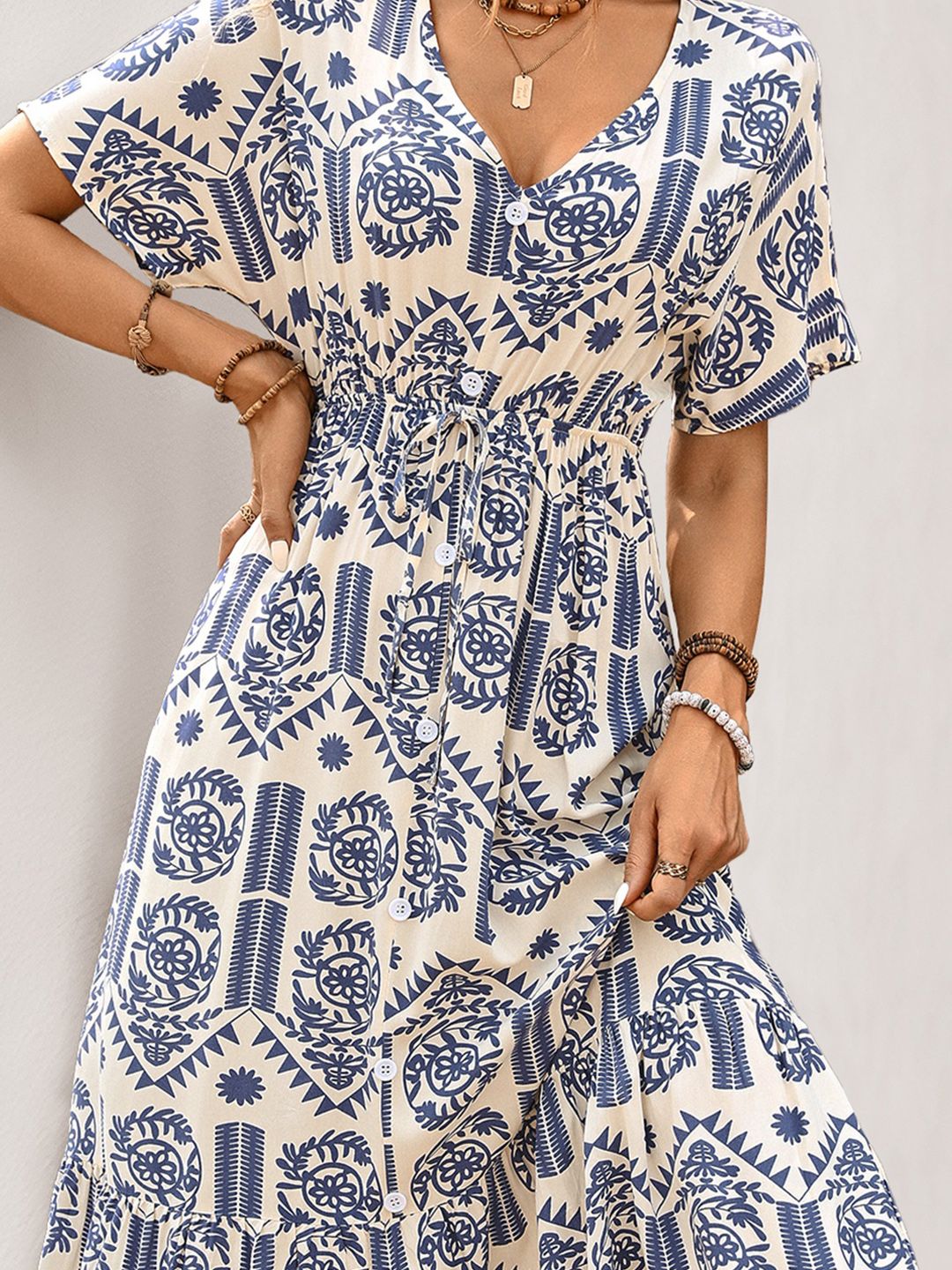 Bohemian Ethnic Print Midi Dress with Short Sleeves