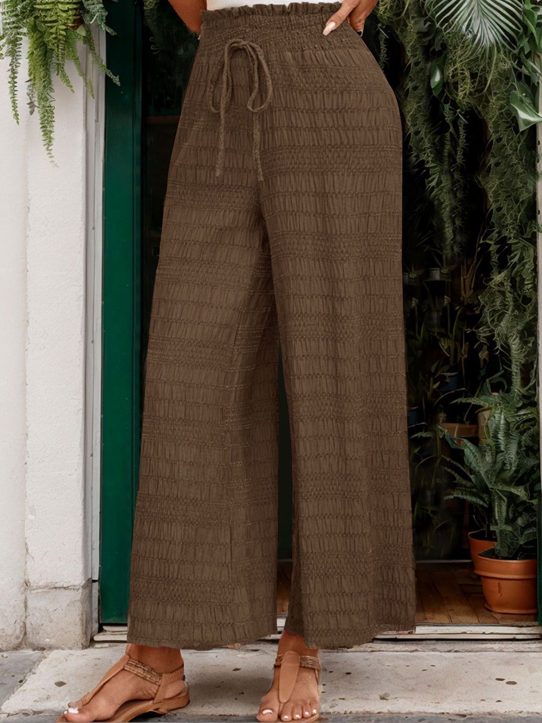 Women Textured Loose Fit High-Rise Non Iron Trousers