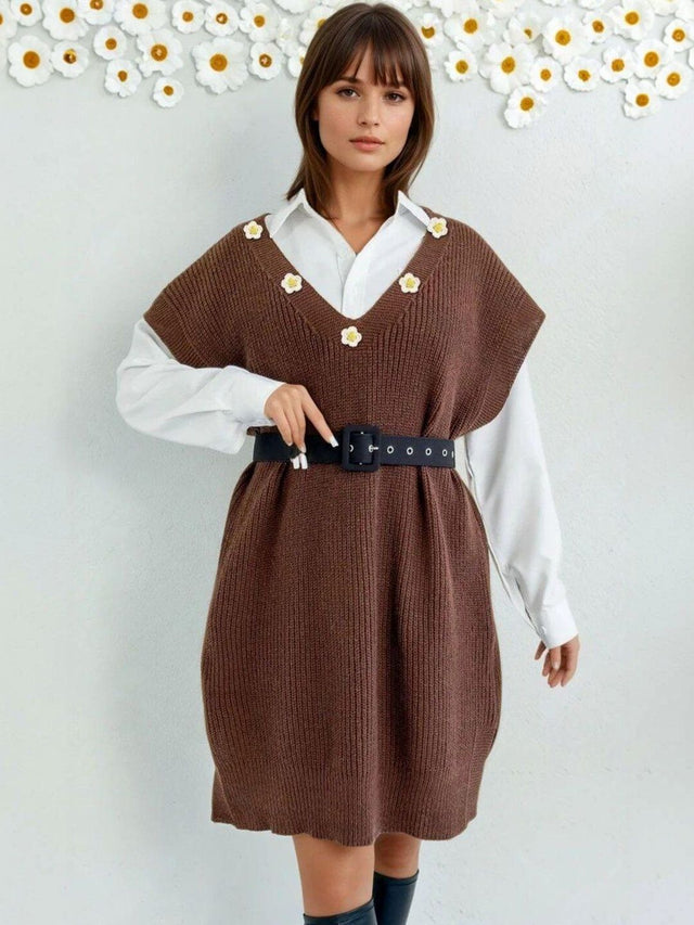 Ribbed Sweater Vest with Applique Detail in Brown acrylic - Nowi Korean Fashion