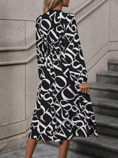 Women's Black Print Midi Dress Blend Printed Regular Fit