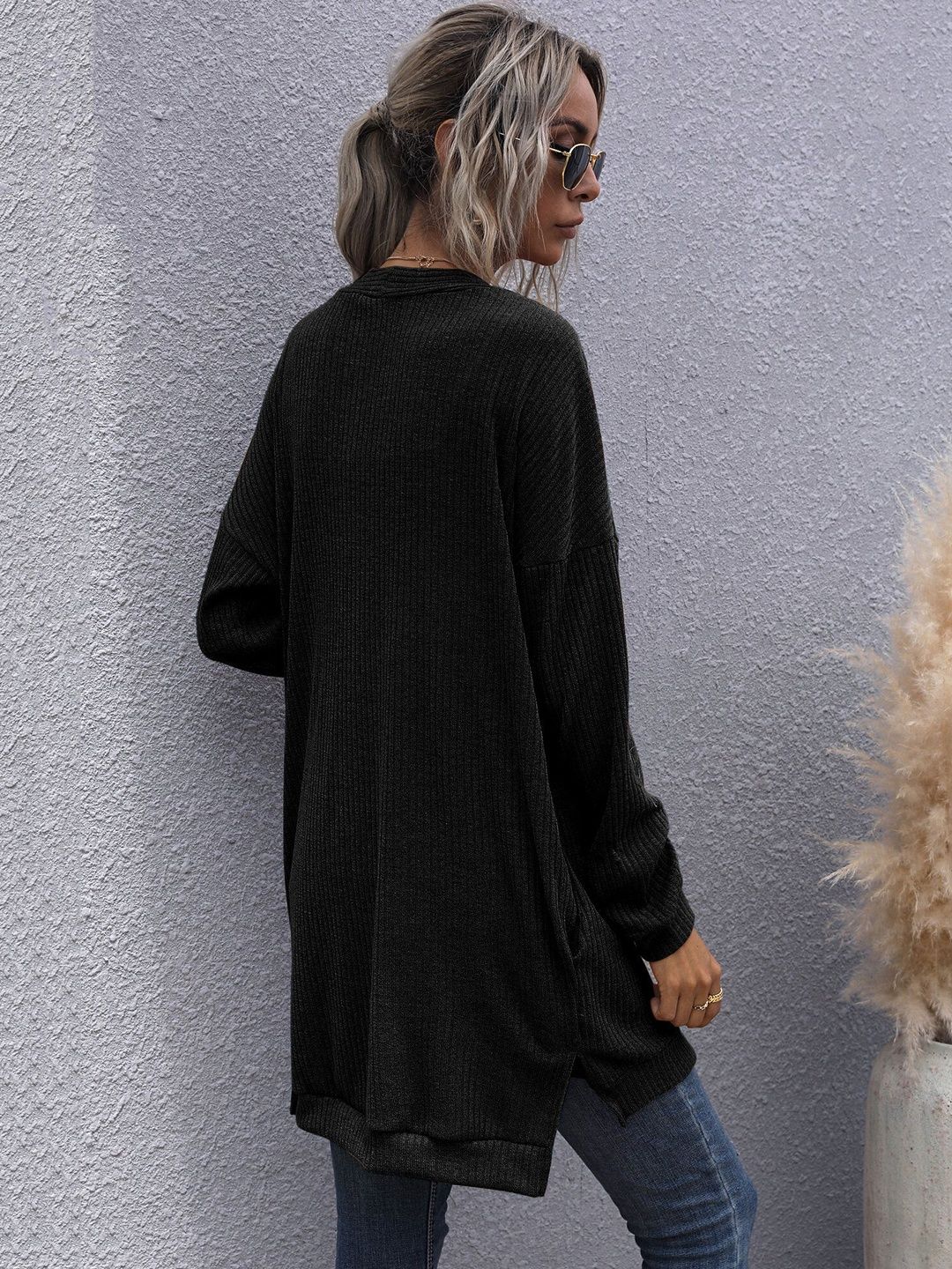 Women's Black Ribbed Acrylic Cardigan
