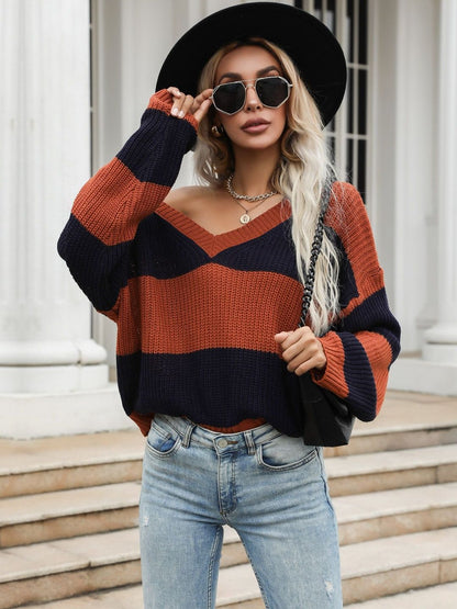 Women's Orange Striped Pullover Blend Regular Fit