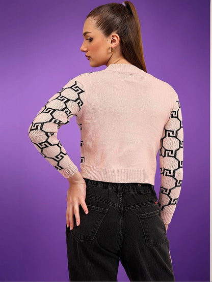 NOWI Women Printed Woollen Crop Cardigan