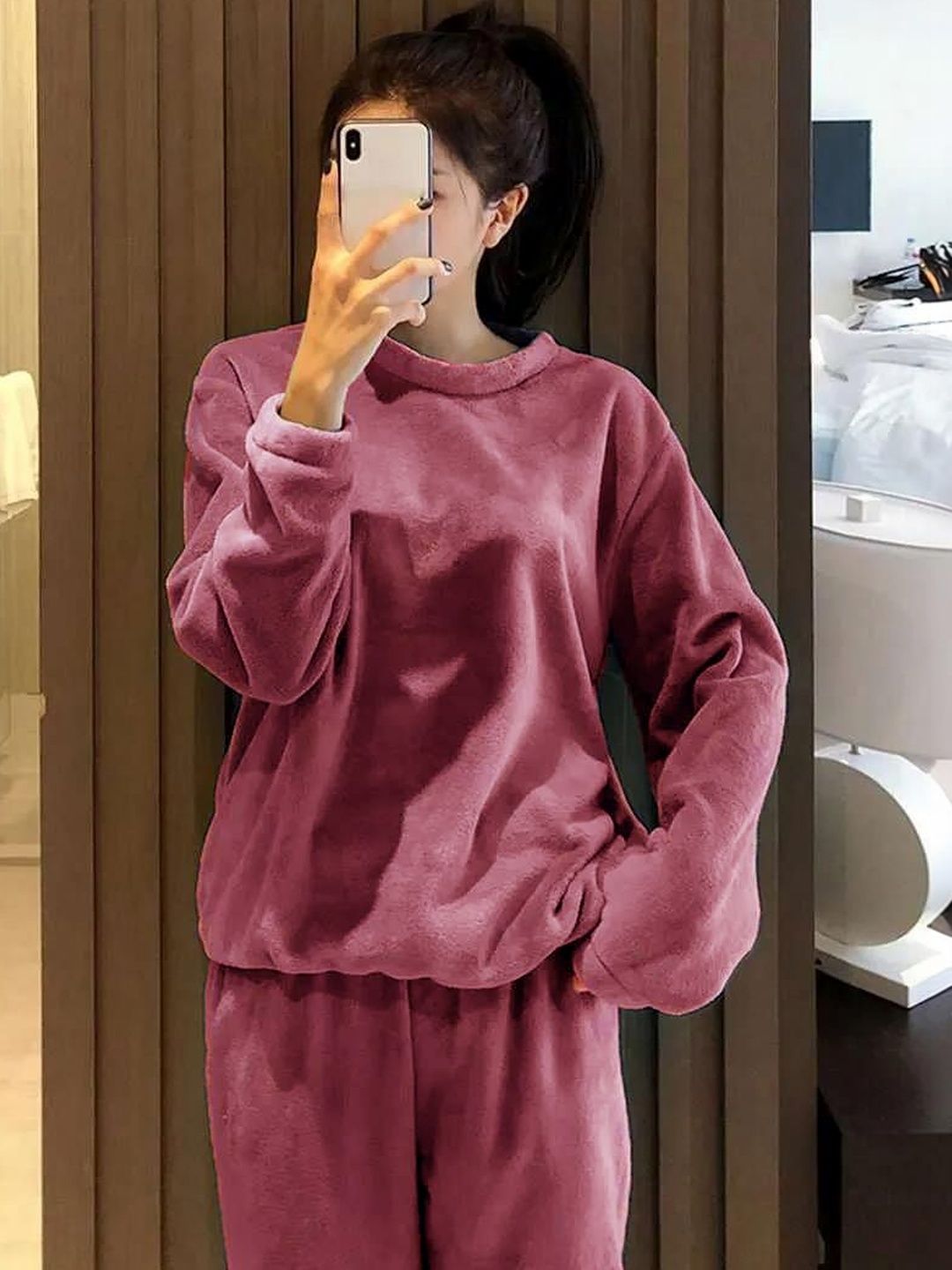 Women Round Neck Long Sleeves Night Suit