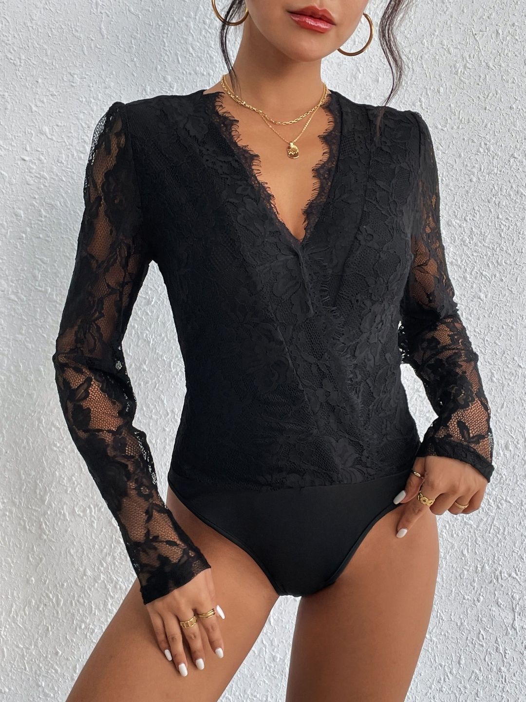 Women Black Lace detail Bodysuit