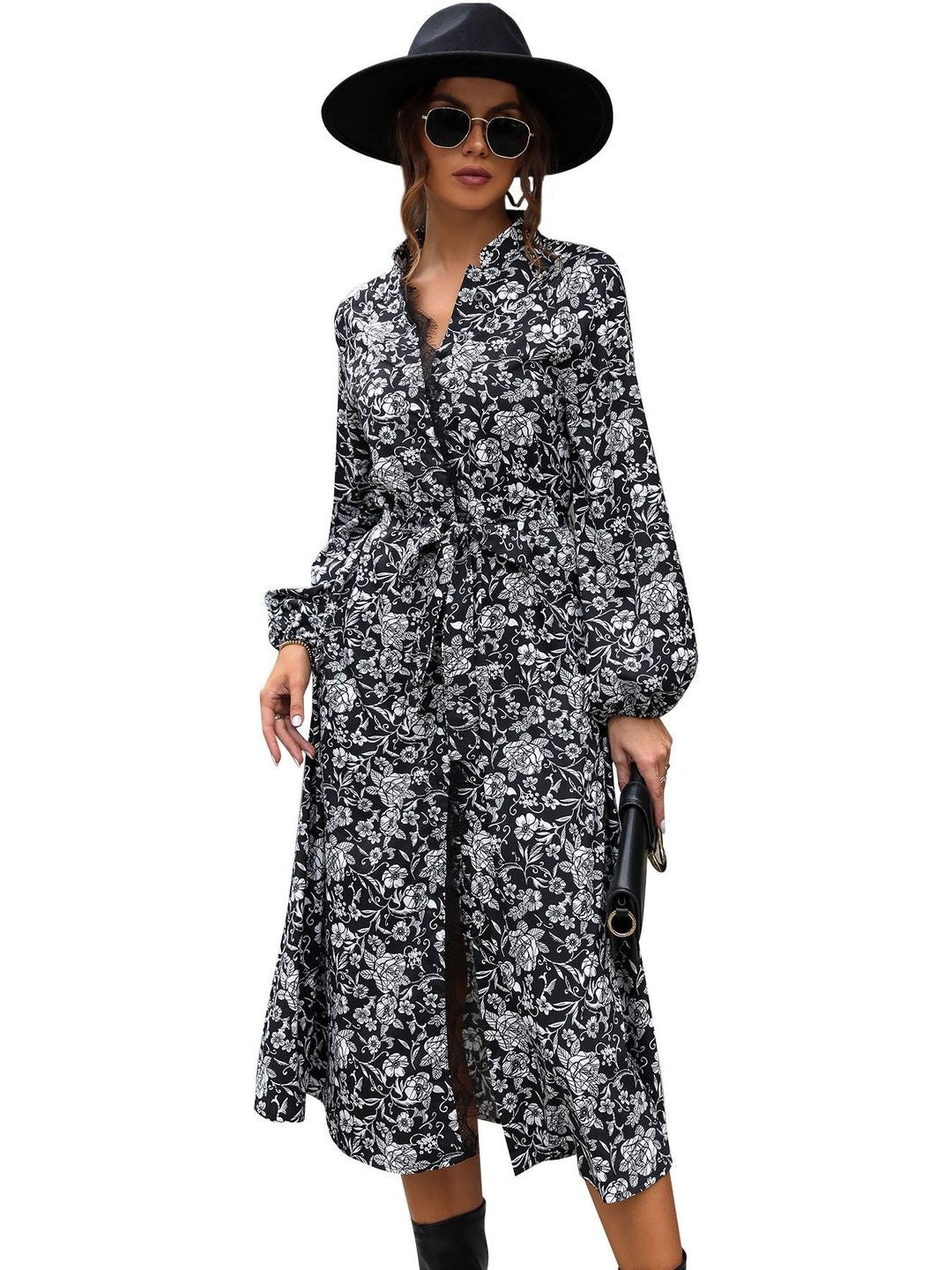 Floral Print Bishop Sleeve Midi Dress in Black - Nowi Korean Fashion