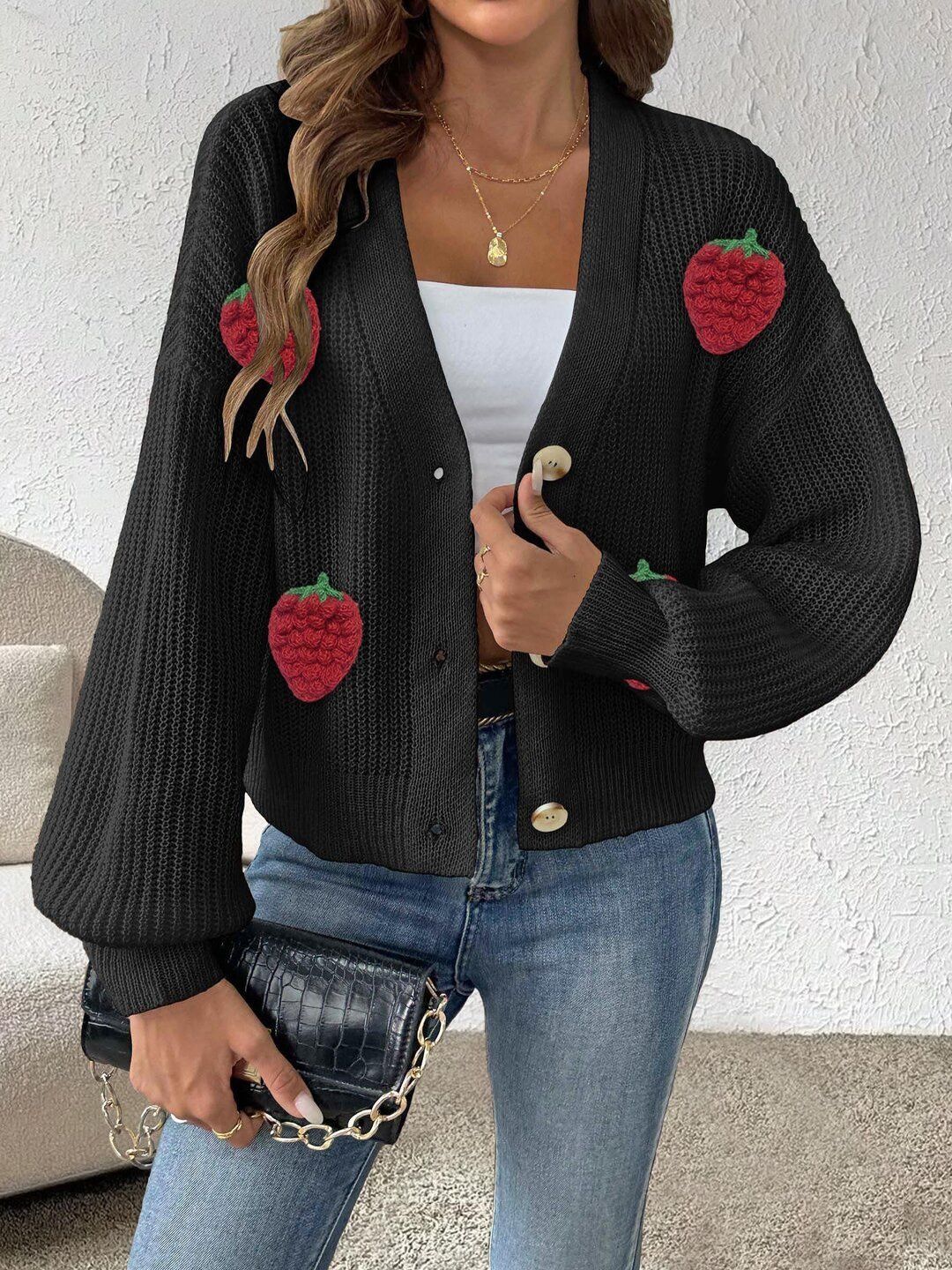 Women Cable Knit Cardigan with Applique Detail