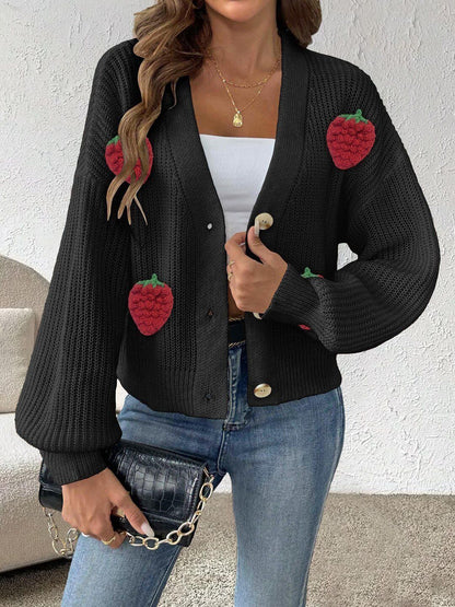 Women Cable Knit Cardigan with Applique Detail
